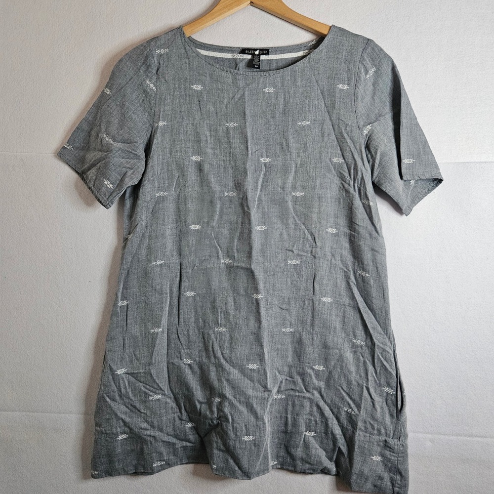 Eileen Fisher Gray Embroidered Linen Blend Tunic Top Short Dress Pockets S Retro